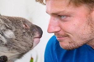 David Goffin of Belgium meets a koala during a promotional event for the Australian Open tennis tournament at Melbourne Park, Melbourne, Australia
